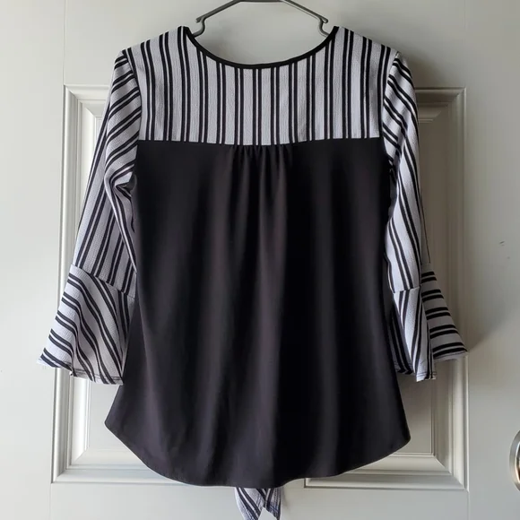 Black Striped Ruffle Sleeve Blouse - Picture 4 of 4